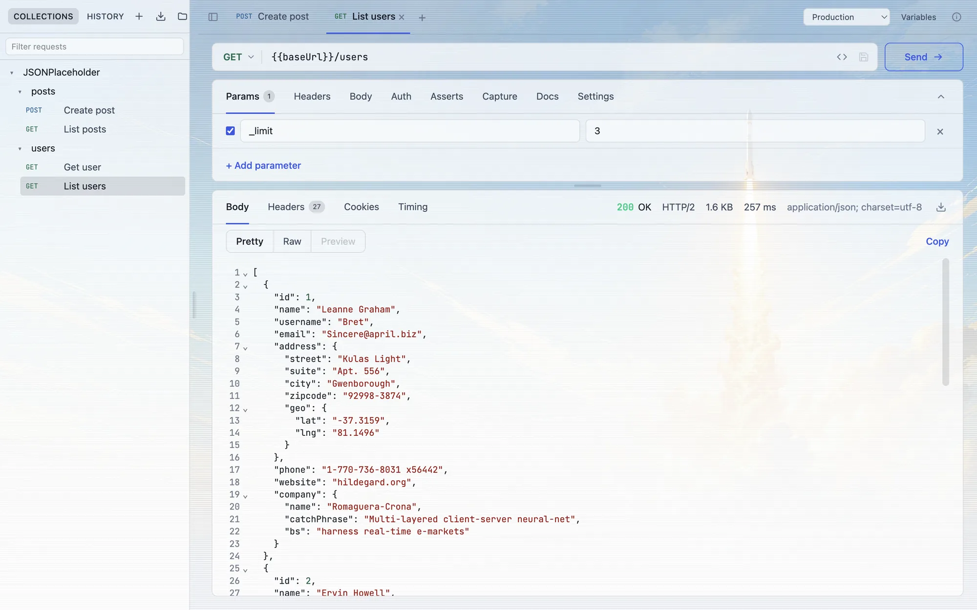 The Ping desktop app in the Rocket Daylight theme, over a photograph of a rocket by day