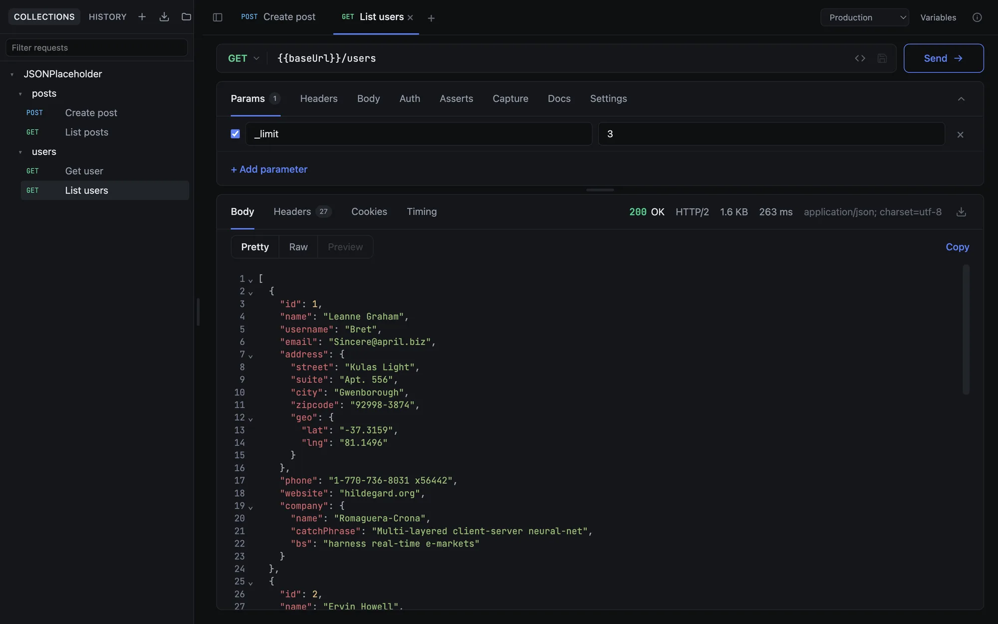 The Ping desktop app in the Dark theme, showing a request, its parameters, and a JSON response