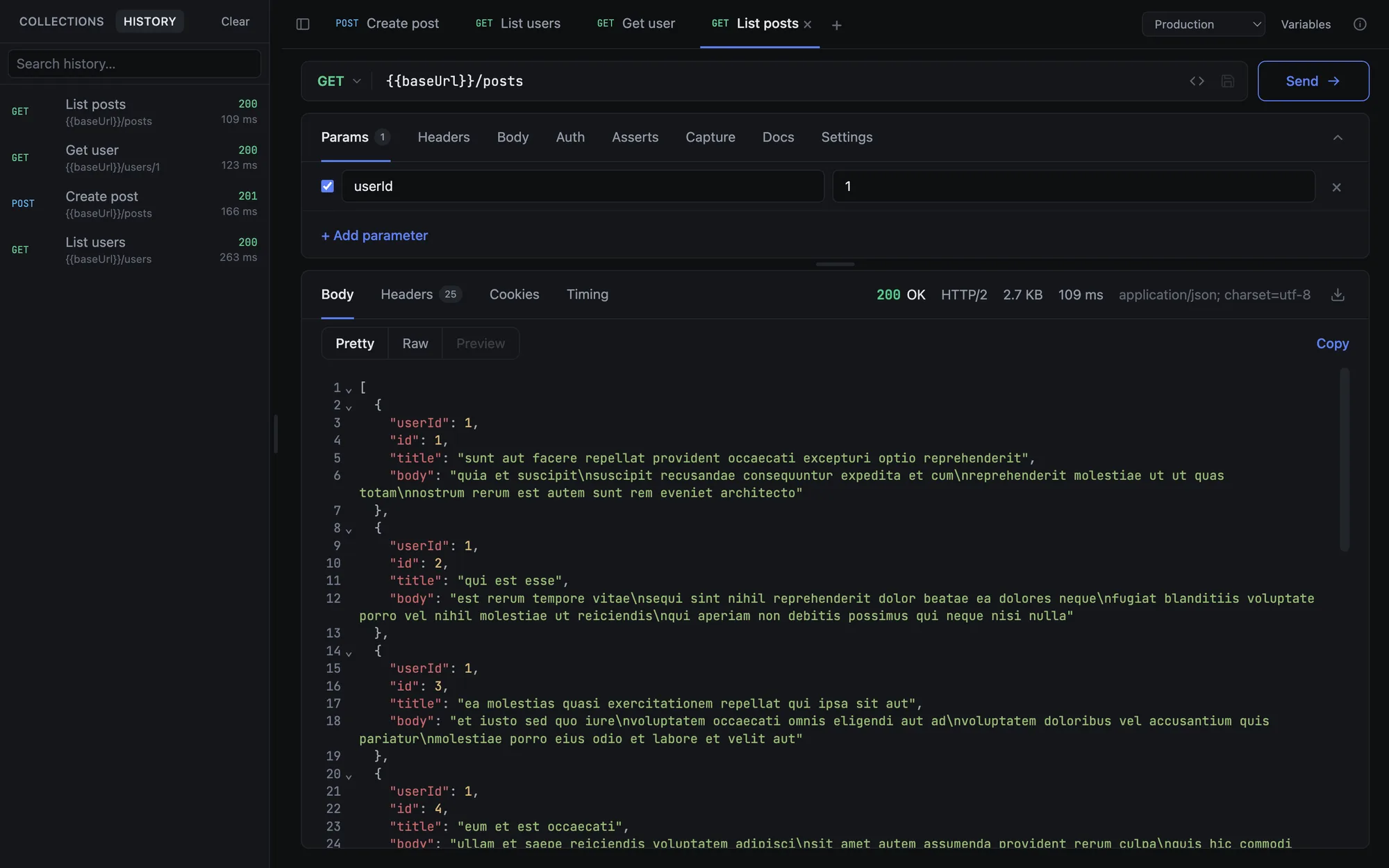Request history in the sidebar