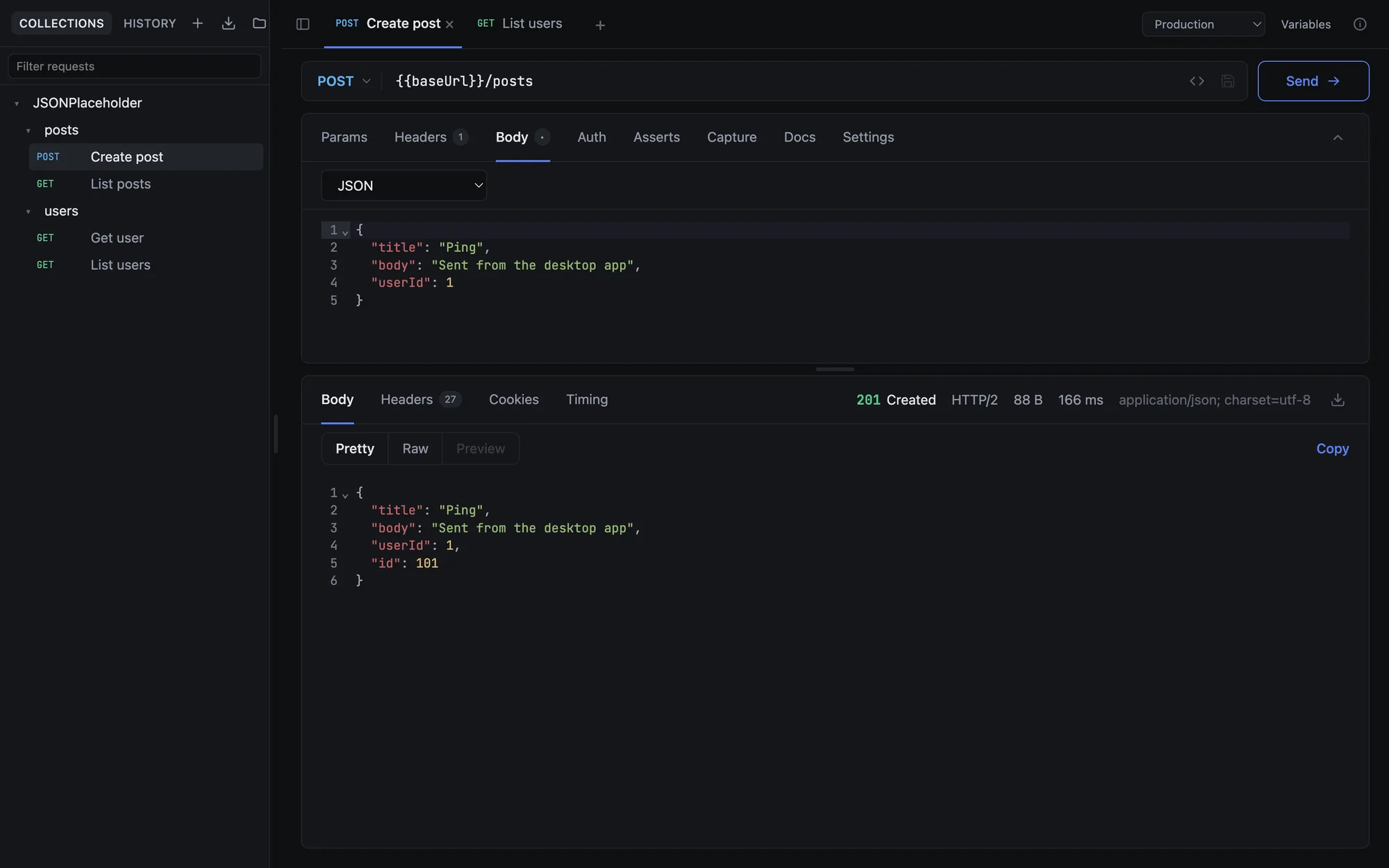 The request builder with a JSON body and a 201 response